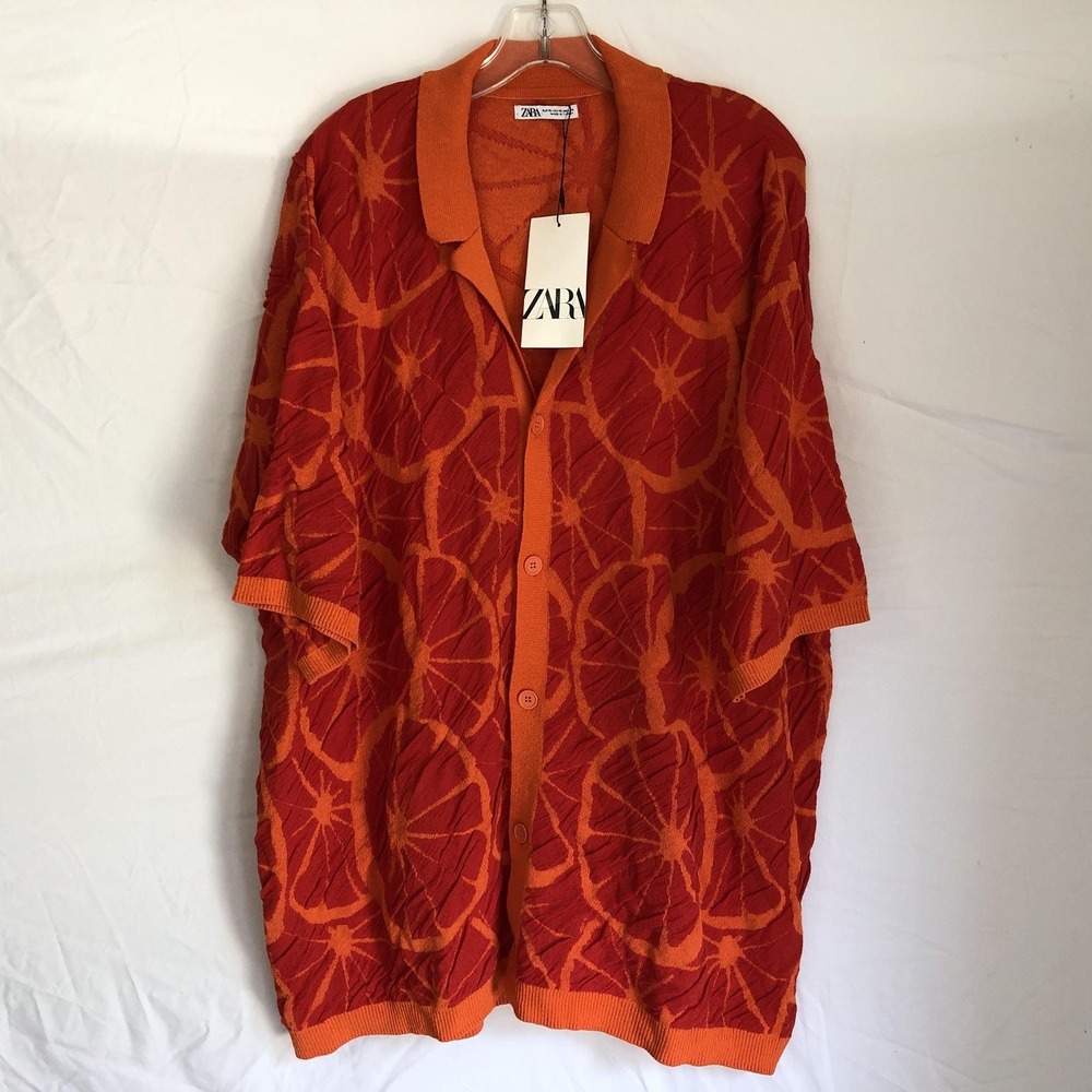 Zara Cardigan Sweater Womens‎ XL Orange Citrus Print Short Sleeve Button Front